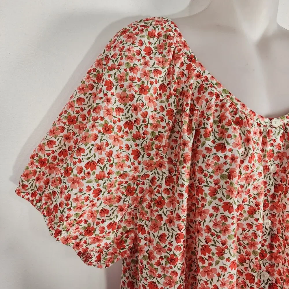 Old Navy Womens Airy Button Down Top XL Short Sleeve Red Floral Cotton Relaxed